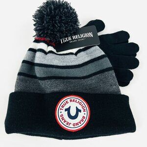 NWT True Religion Kids Hat & Gloves 2-Pieces Set Black Grey Logo Front One Size